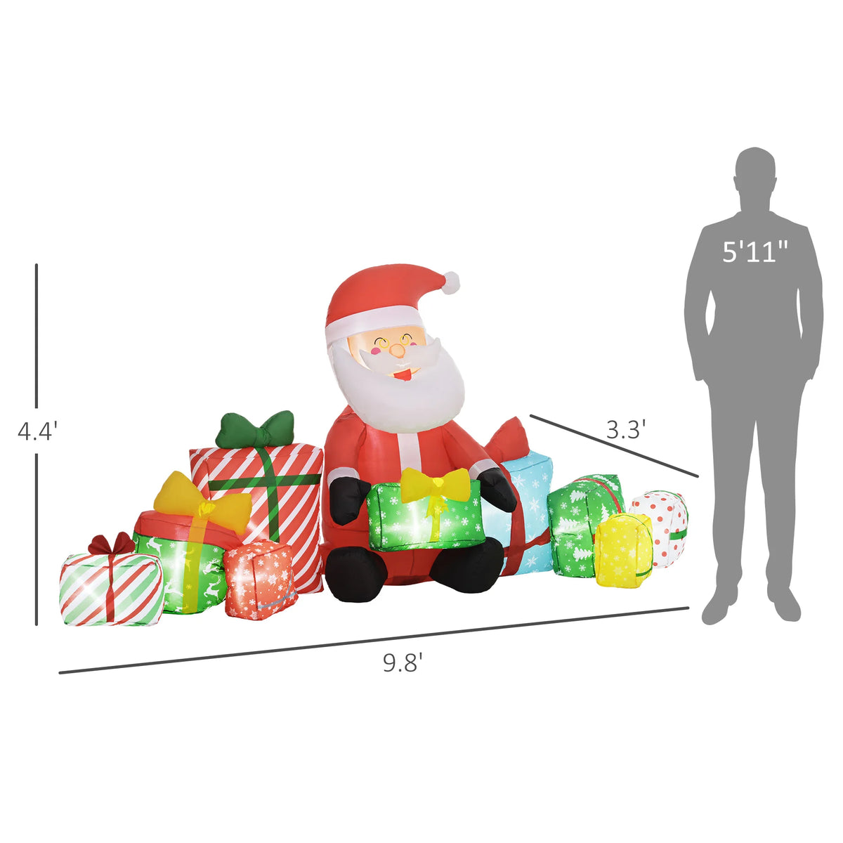Outsunny 4.4' Christmas Santa inflatable with white LED lights amid multiple wrapped gifts