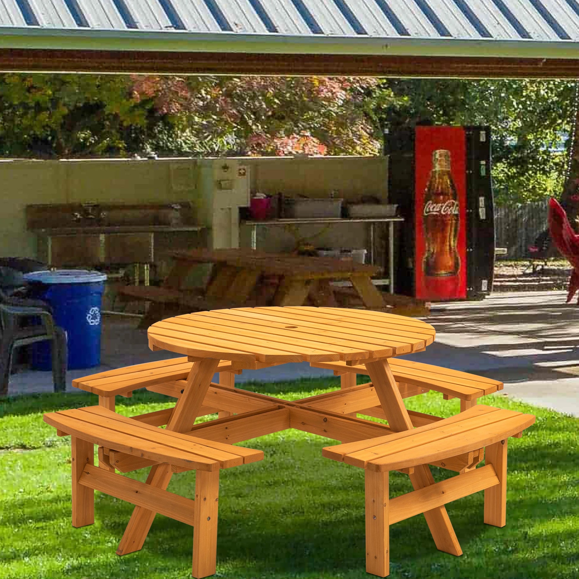 Solid Wood Round Outdoor Picnic Table Set with 4 Benches, Weather Resistant Patio Dining Furniture with Umbrella Hole for Garden Backyard Lawn BBQ Party by S And B Enterprise