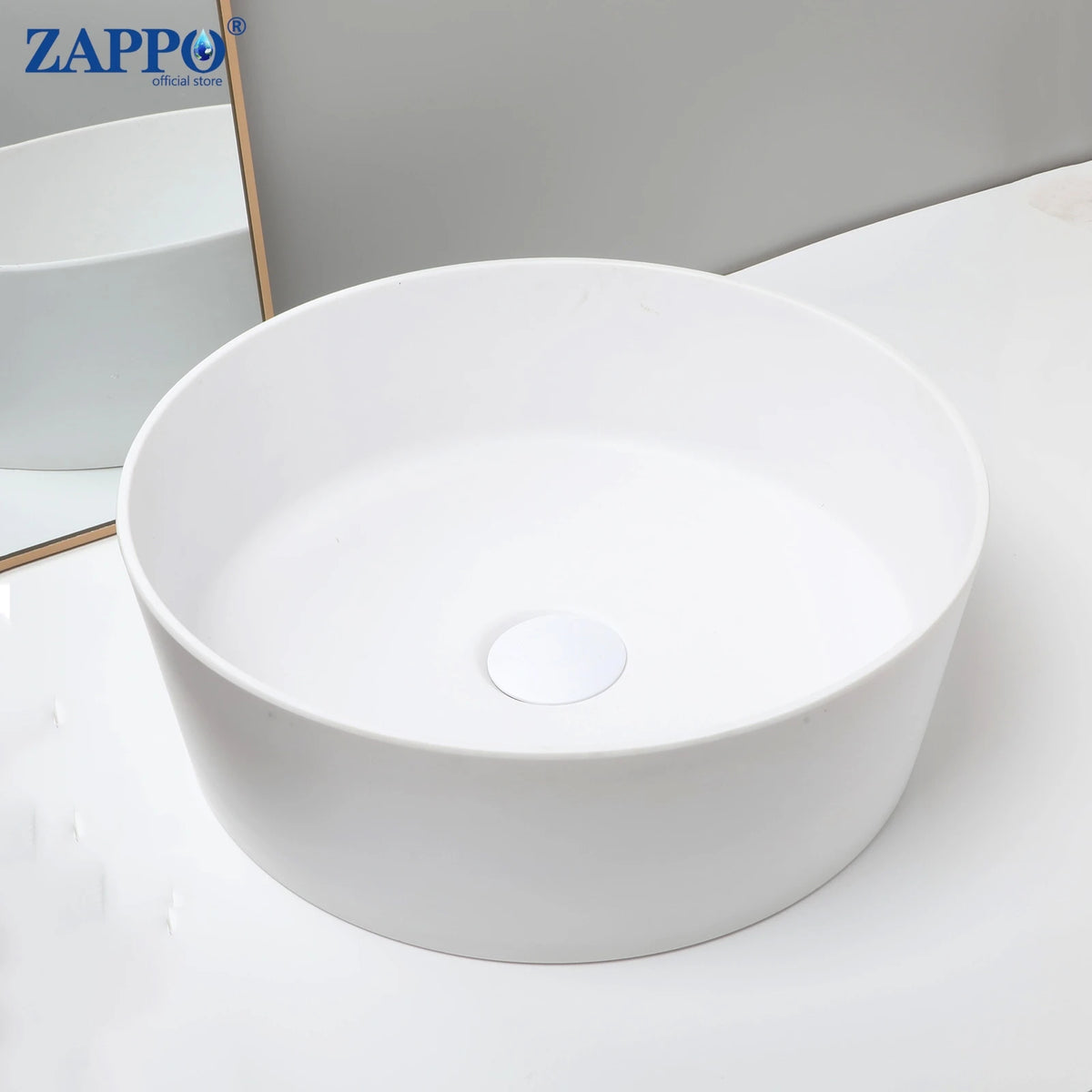 ZAPPO white round bathroom vessel sink with drain, stone-resin material