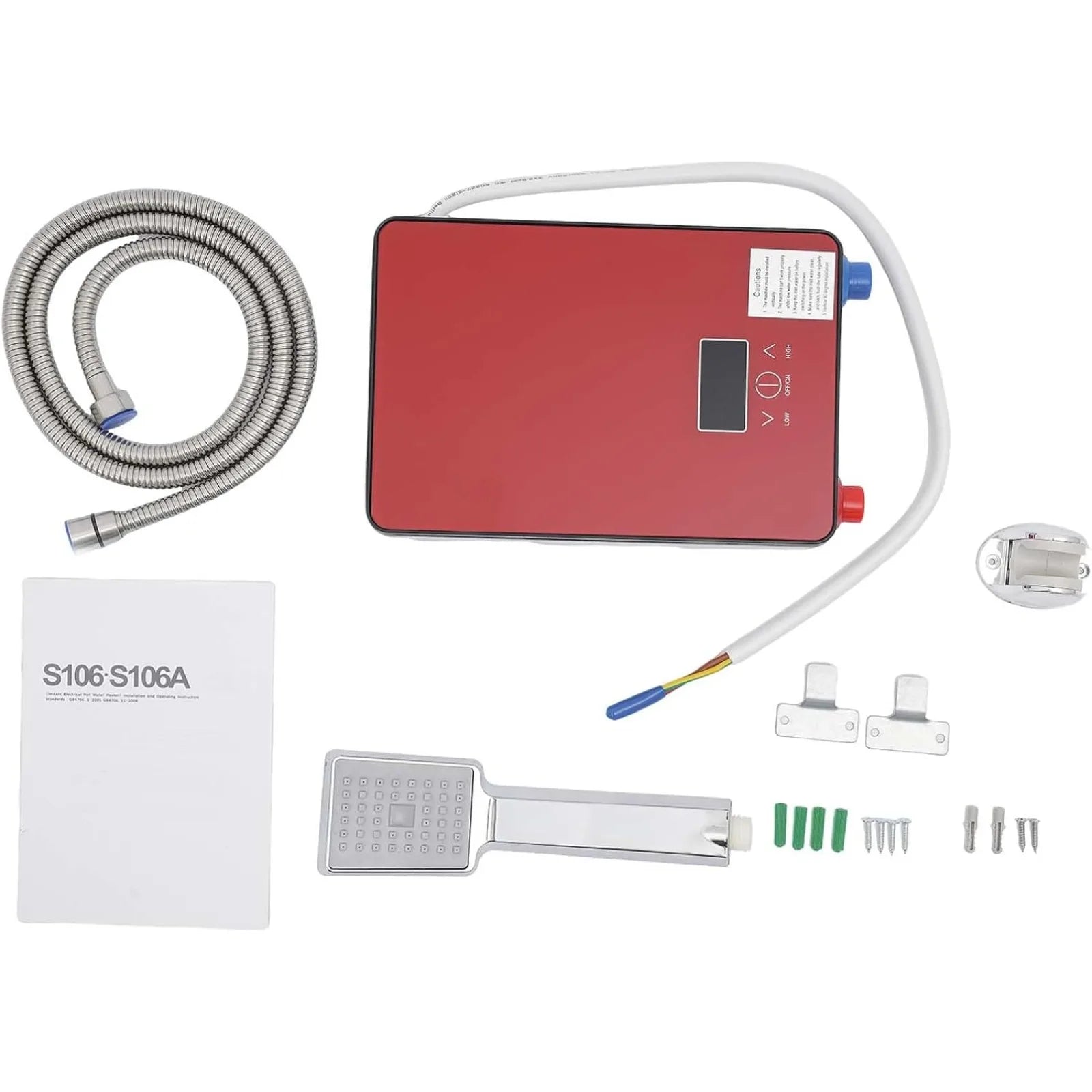 6500W red wall-mounted instant water heater kit by S And B Enterprise, 220V with LED display and accessories.