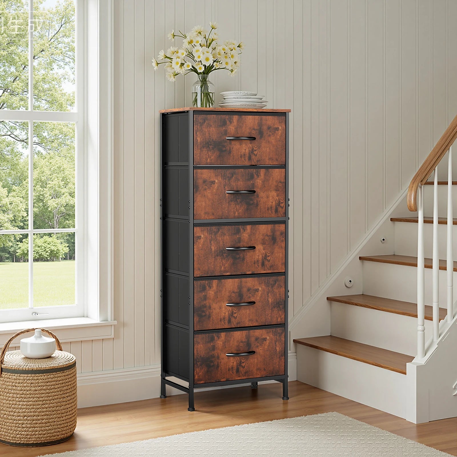 JHK 48IN Dresser For Bedroom With 5 Fabric Drawers Nightstand Wardrobe Steel Frame Closet For Clothes Storage Cabinet Furniture by S And B Enterprise