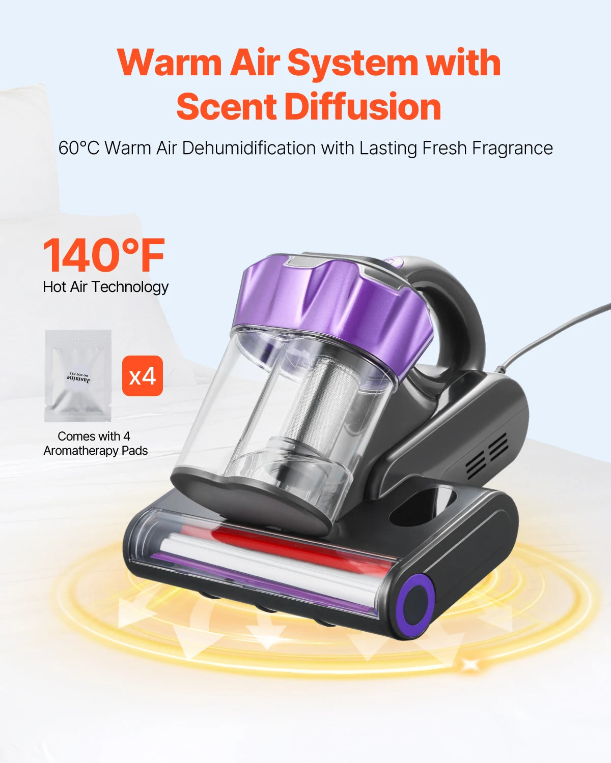 SucceBuy mattress vacuum cleaner with purple top, clear canister, handheld for bed and sofa.