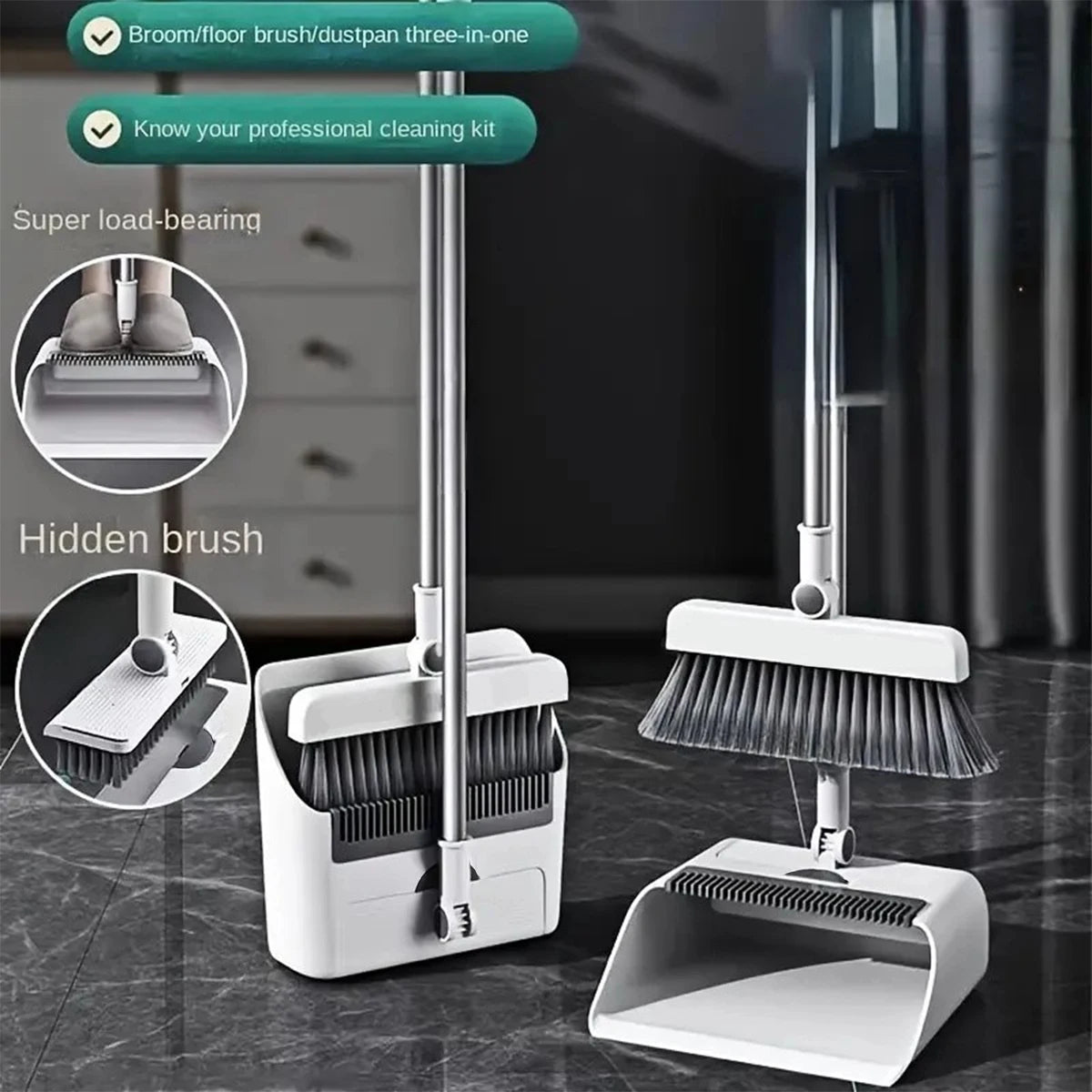 3 In 1 Broom And Dustpan Set With Ergonomic Handle