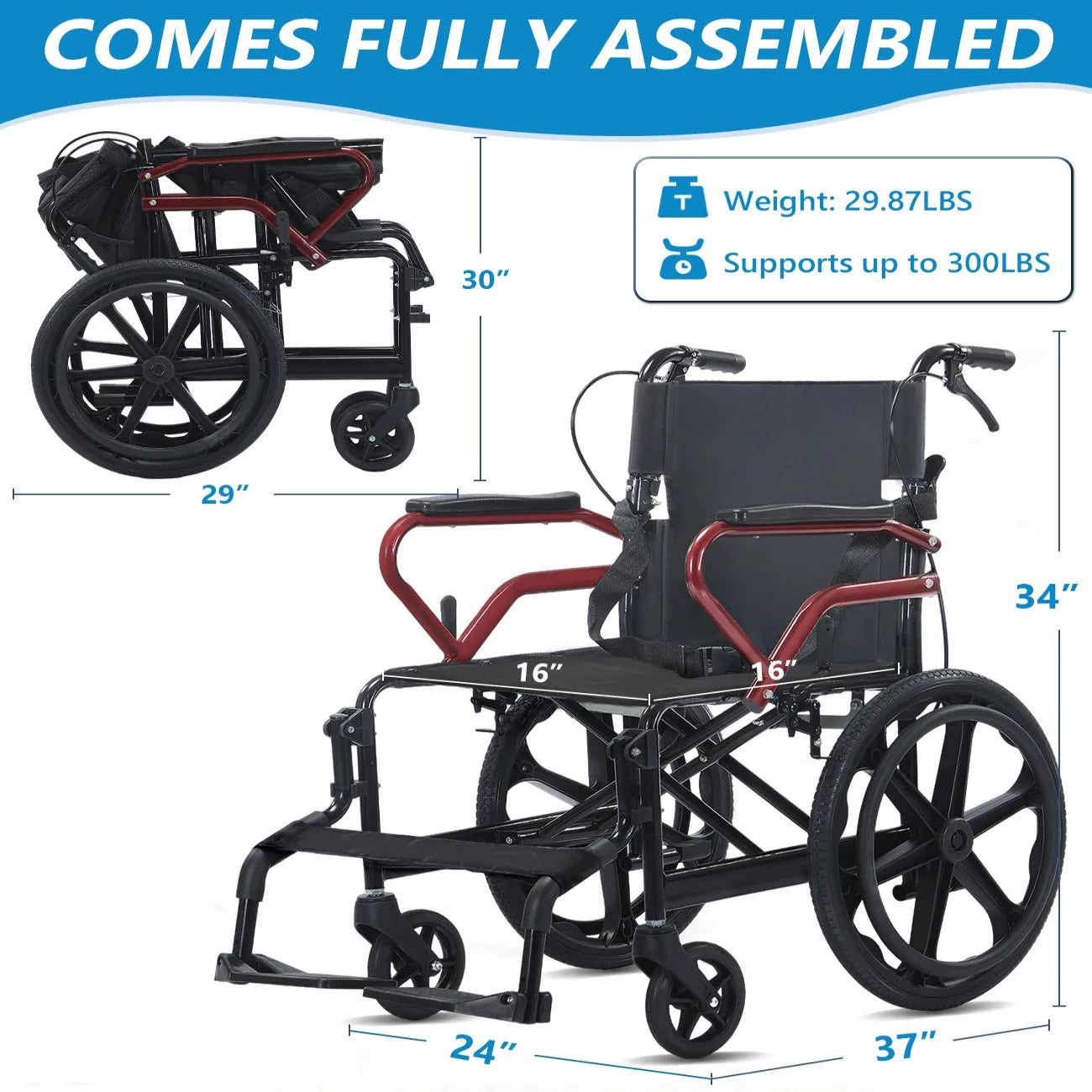 BROOBEY Lightweight Travel Wheelchair Foldable Hand Push