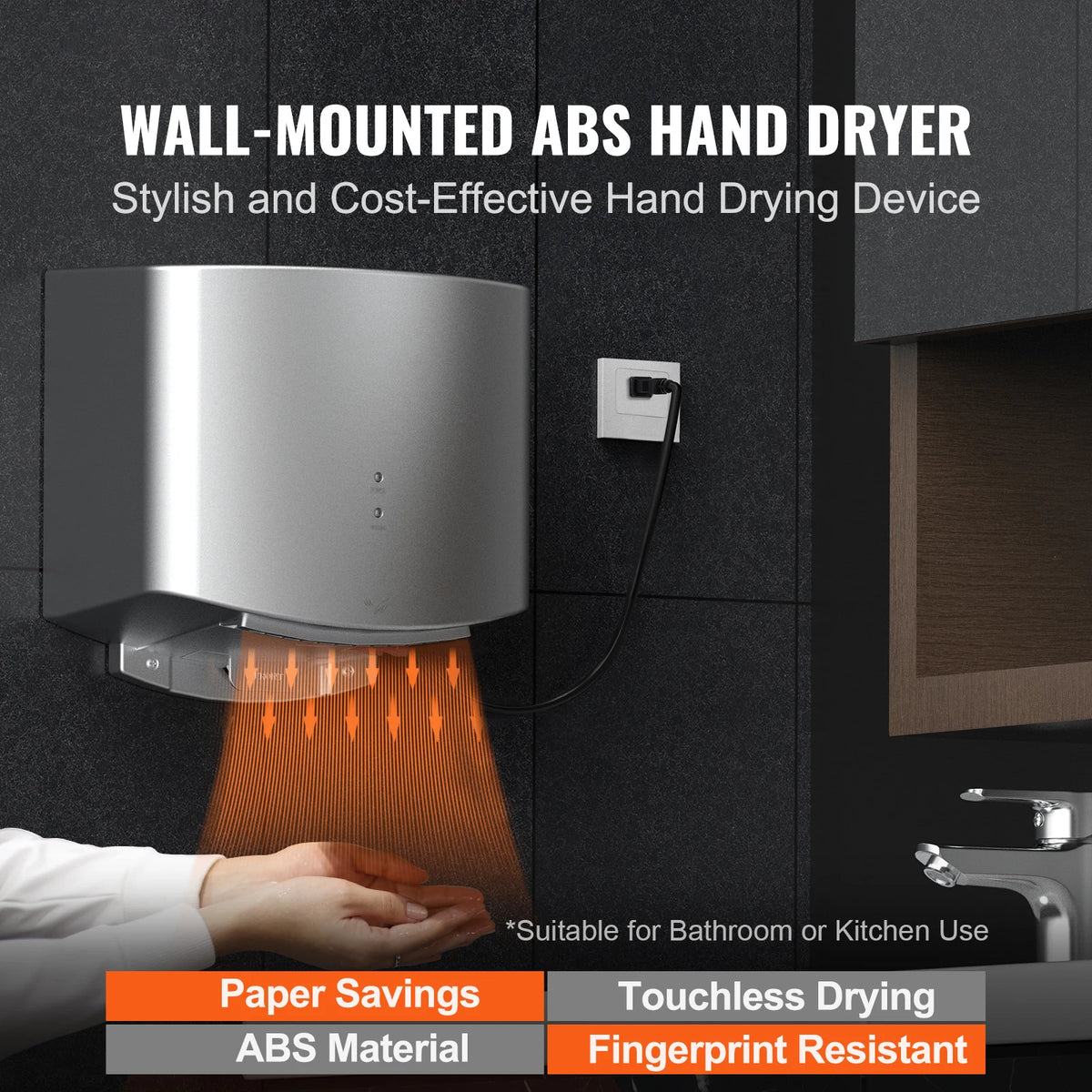 Wall-mounted ABS hand dryer, silver metallic finish, 1400W automatic high-speed warm air with built-in filter sponge