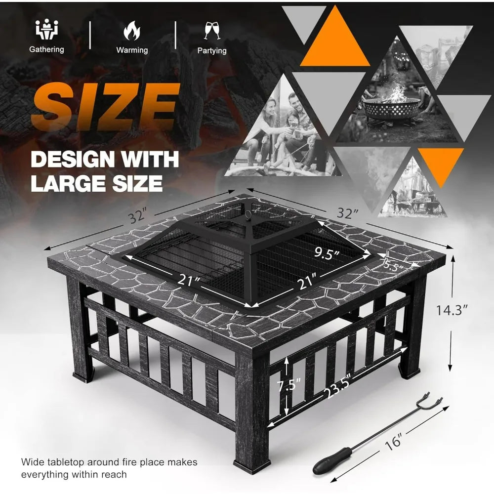 Devoko 32-Inch outdoor fire pit table with metal frame and tiled top; silver color, includes poker tool.
