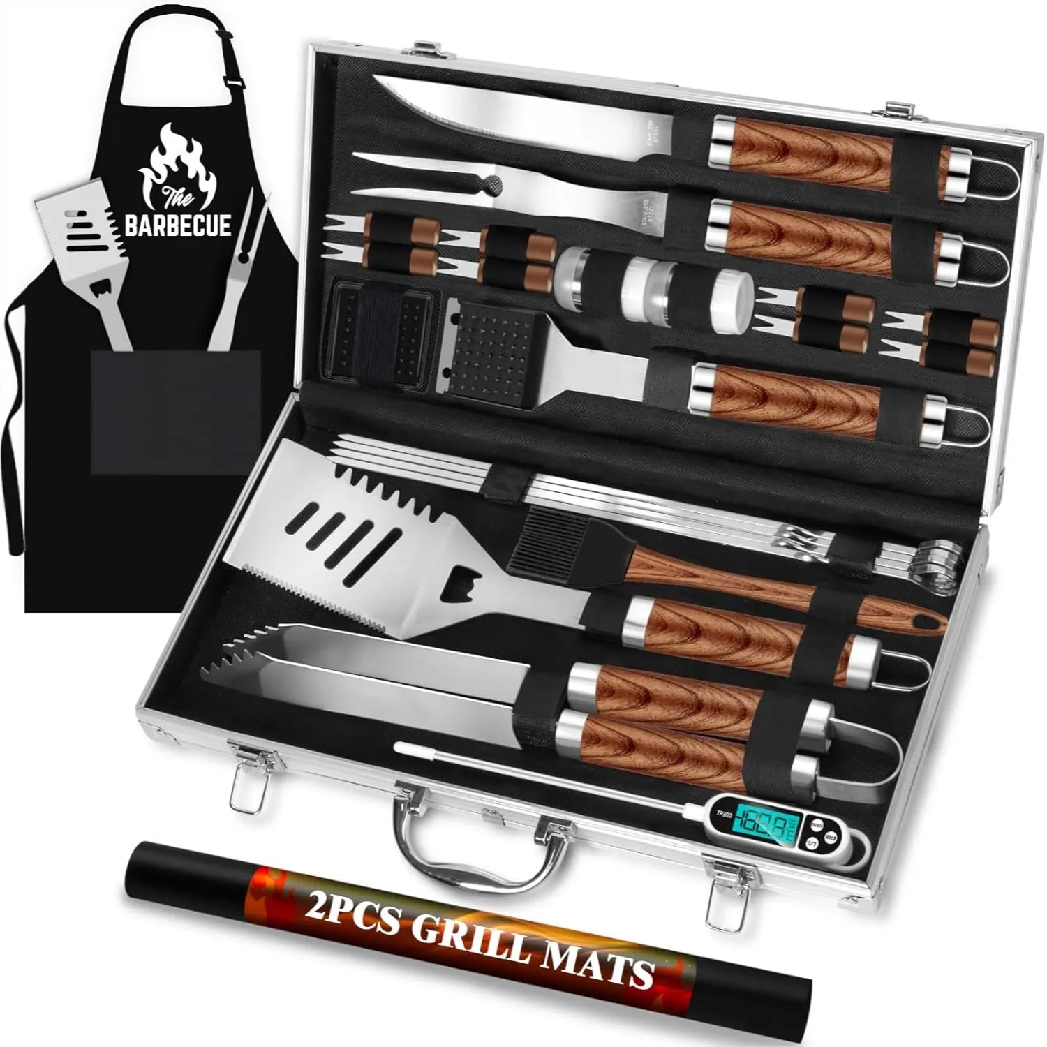 Stainless Steel 26-Piece BBQ Grill Tools Set With Aluminum Case by S And B Enterprise
