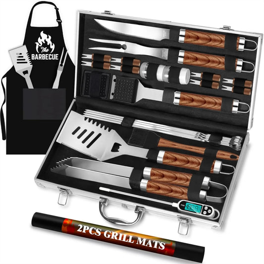 Stainless Steel 26-Piece BBQ Grill Tools Set With Aluminum Case by S And B Enterprise