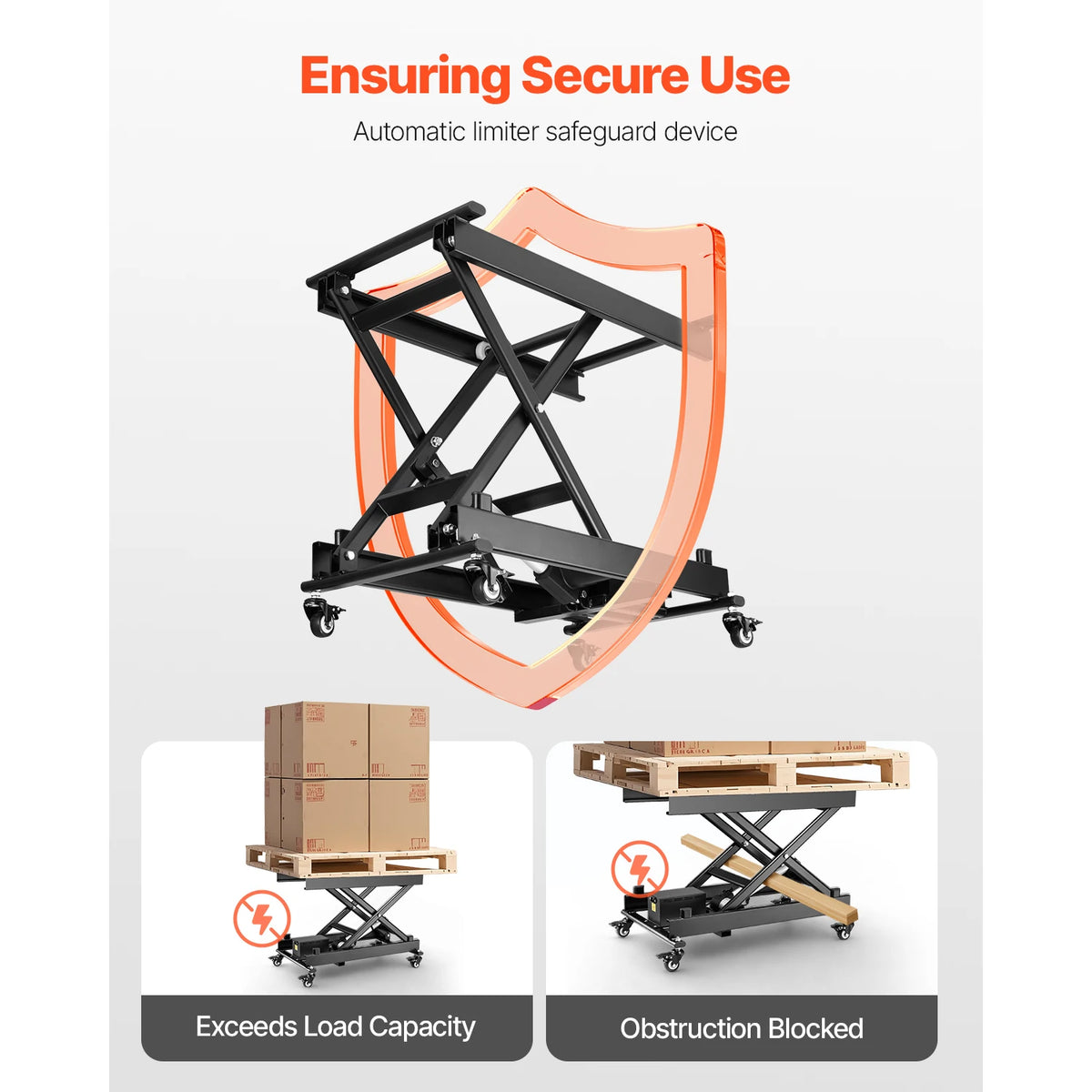 SucceBuy electric lift table, 330 lb capacity, black steel scissor frame with orange safety guard
