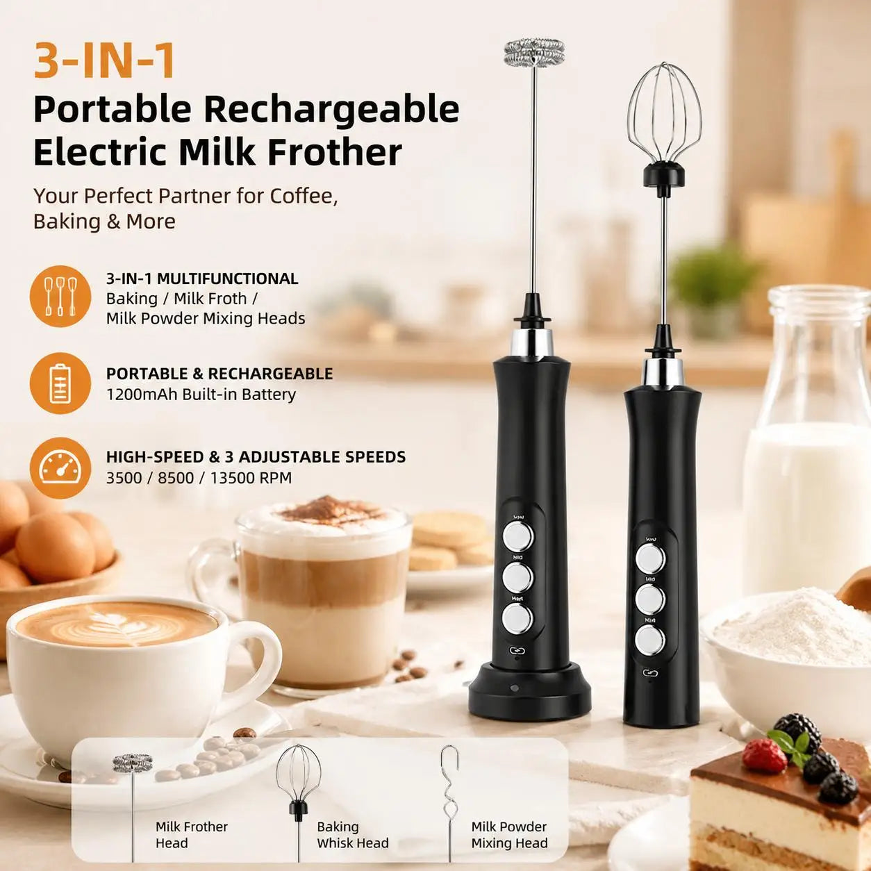 Milk frother set by S And B Enterprise; USB rechargeable 3-in-1 with two black handheld whisks on a kitchen counter.