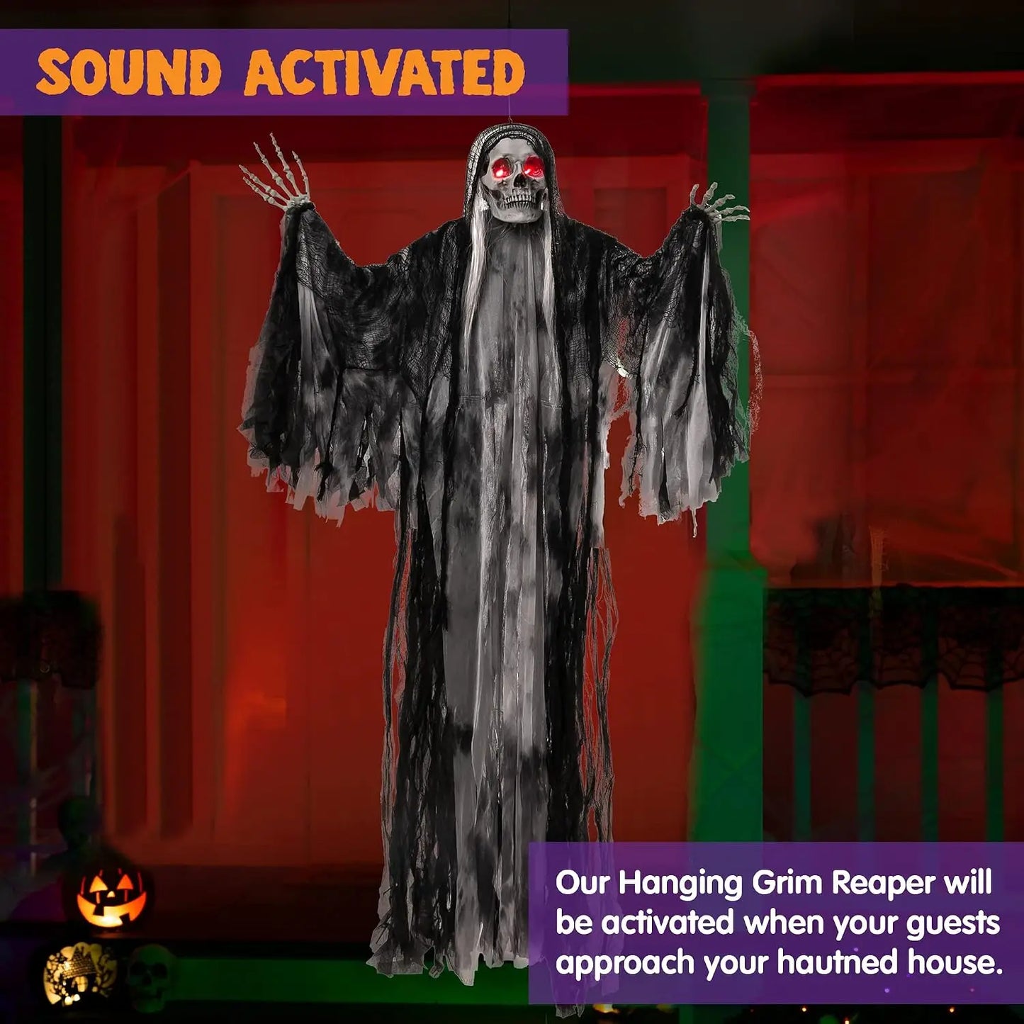 59-inch animated hanging Grim Reaper decoration with glowing red eyes and creepy sound for outdoor haunted house setups