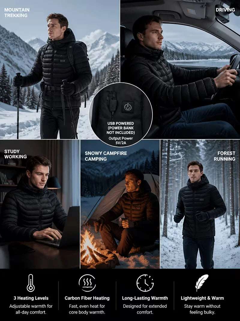 Men's black intelligent heating jacket with 39 zones and four settings; USB powered, battery not included.