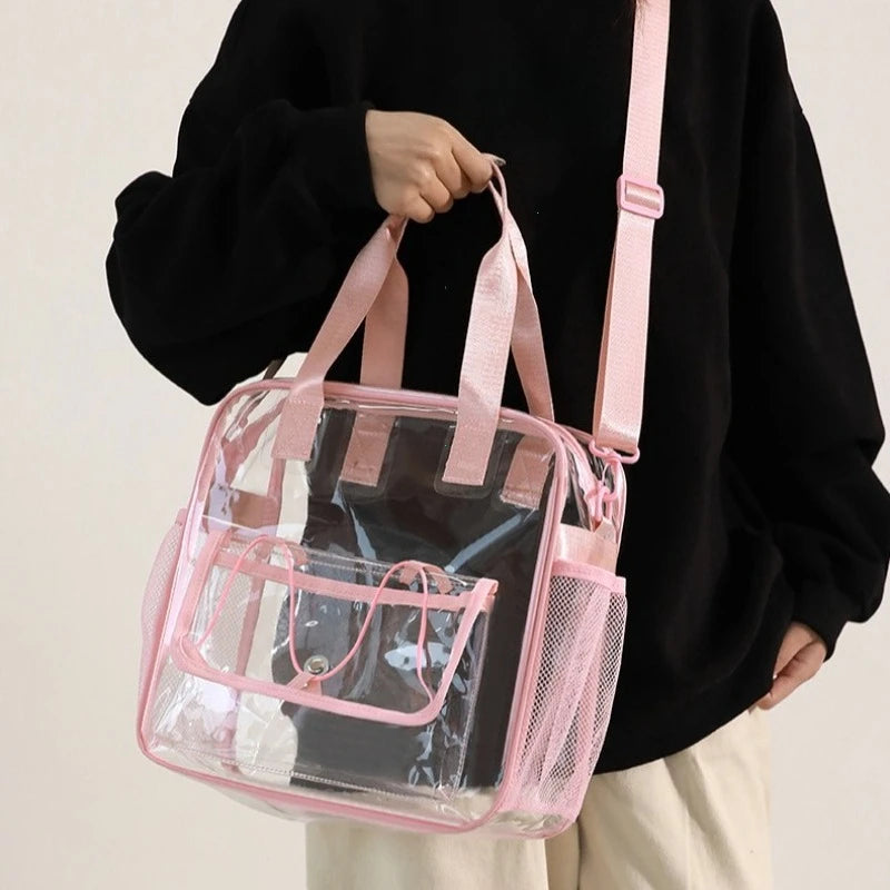 PVC transparent swimming bag pink crossbody with handles and side mesh pockets by S And B Enterprise