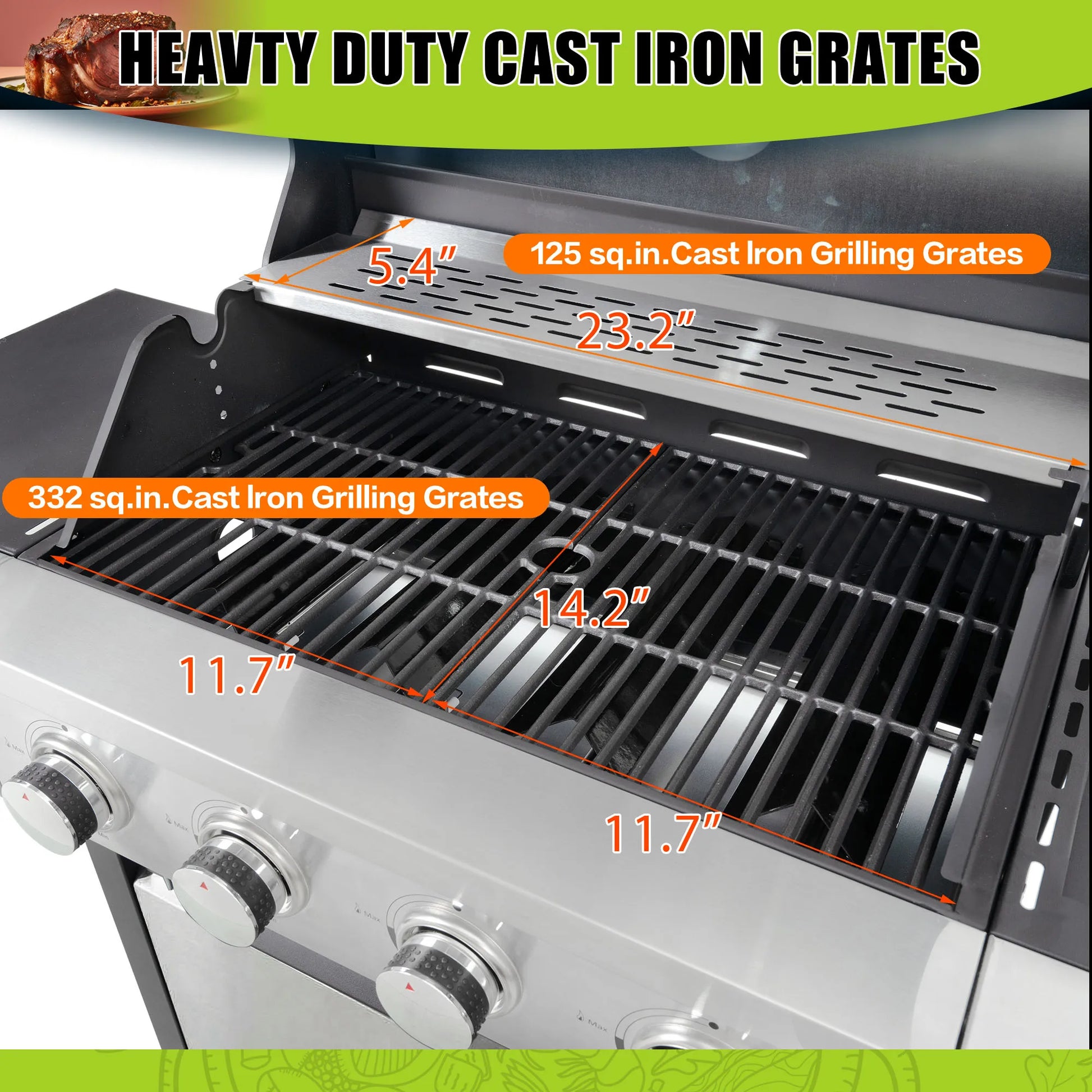 Stainless steel gas grill with side burner and heavy duty cast iron grates.