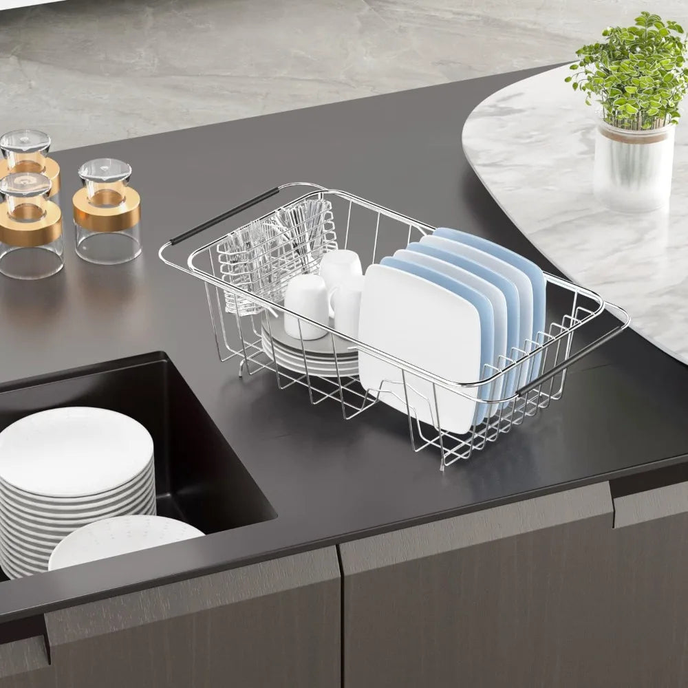 Expandable over-sink dish drying rack, 304 stainless steel, adjustable width with utensil holder, fits 6 plates.