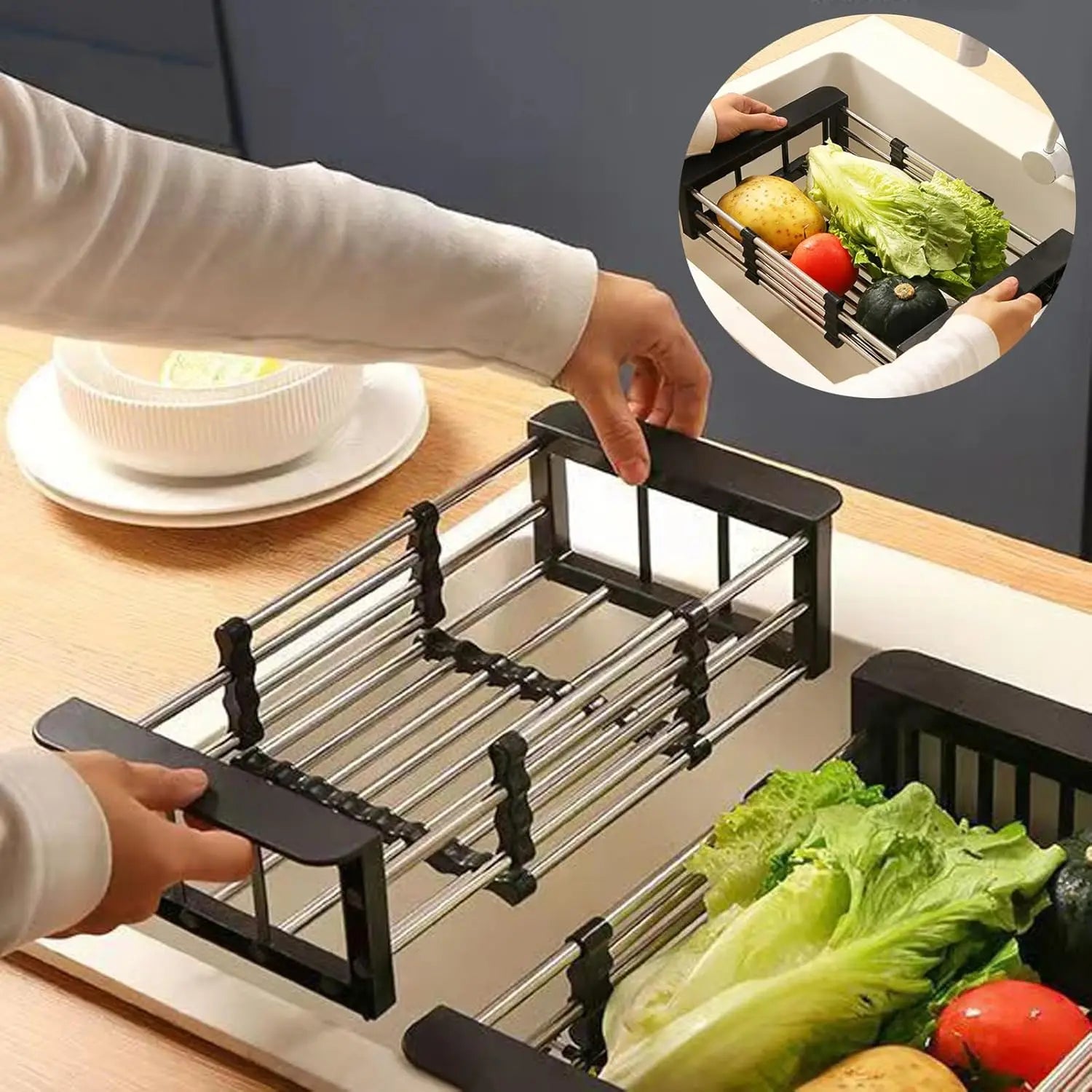 Adjustable Stainless Steel Kitchen Sink Drain Basket Telescopic Dish Drying Rack Fruit Vegetable Drainer Tray Storage Organizer by S And B Enterprise