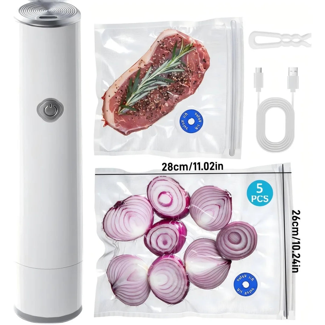 Handheld Vacuum Sealer with 5PCS Reusable Bags, Powerful Handheld Vacuum Machine, Portable Meal Saver, Keep Food Fresh, Rechargeable Portable Vacuum Machine for Meal Vegetable Fruit Preparation And Airtight Sealing Kitchen St