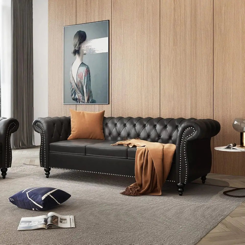 Chesterfield Leather Sofa And Loveseat Set With Scroll Arm by S And B Enterprise