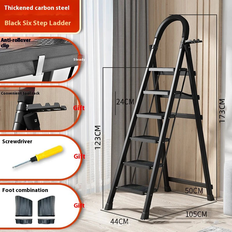 Adjustable zigzag folding ladder, 6-step carbon steel, black, by S And B Enterprise for home and garden