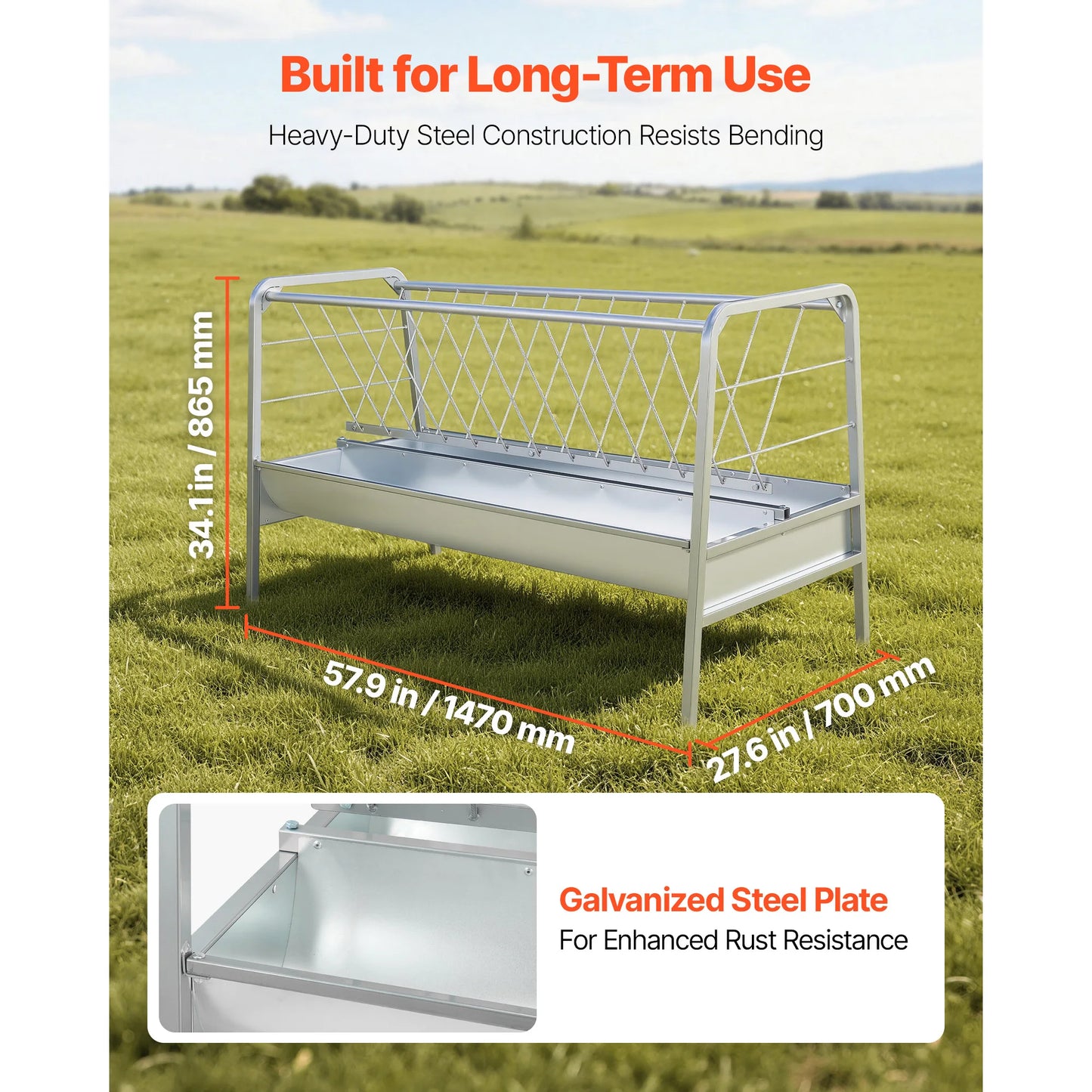 Hay feeder 2-in-1, 80-Gal capacity, galvanized steel frame, 57.9 in long for goats and sheep
