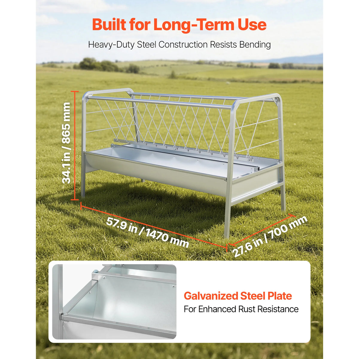 Hay feeder 2-in-1, 80-Gal capacity, galvanized steel frame, 57.9 in long for goats and sheep