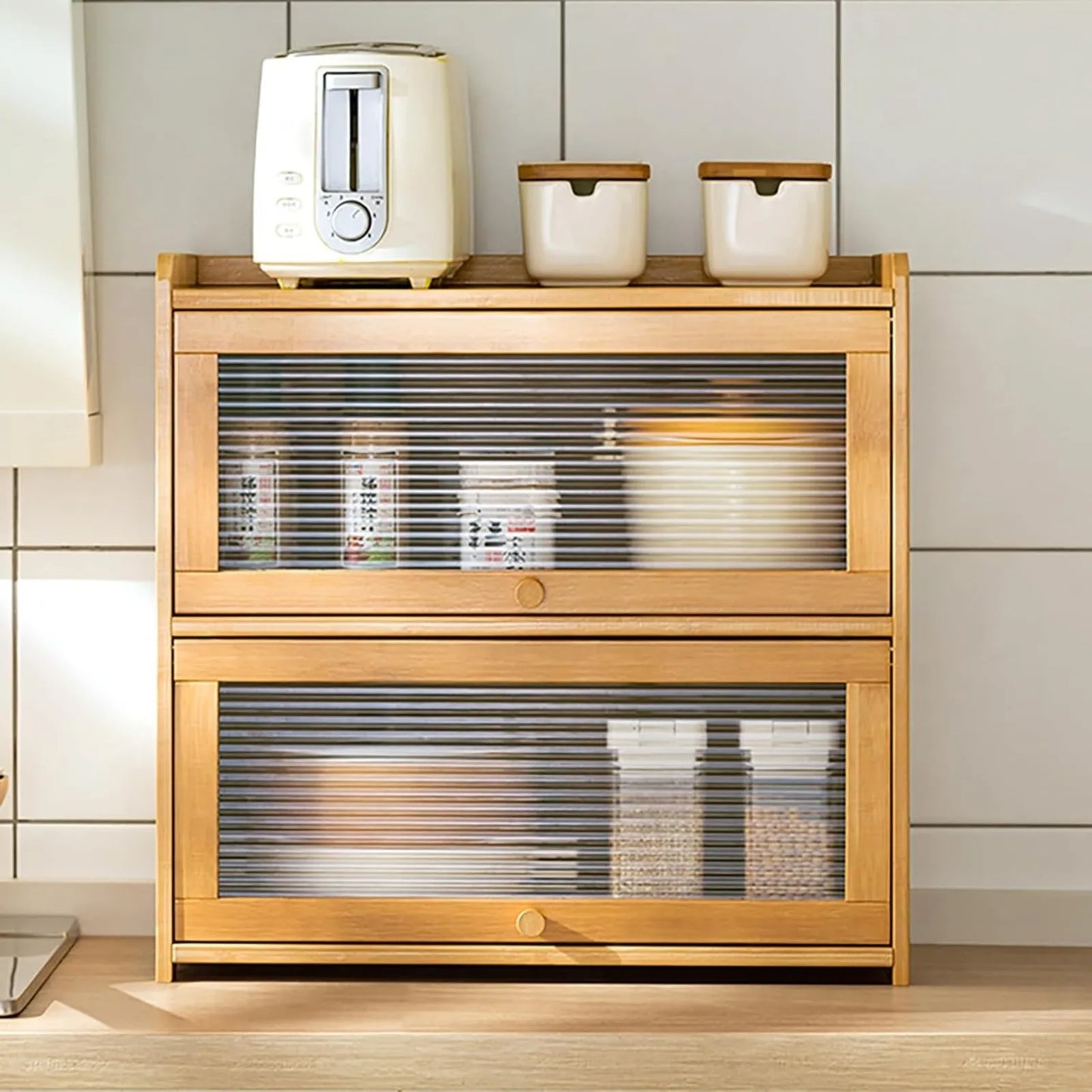 2-Tier Bamboo Kitchen Storage Cabinet With Clear Acrylic Sliding Doors