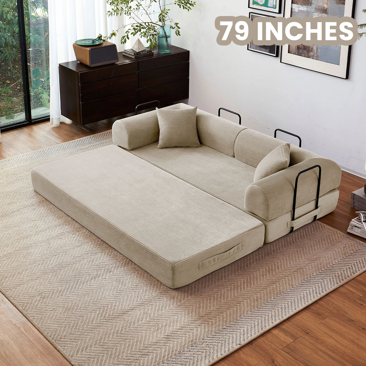79-inch convertible futon sofa bed in beige upholstery with L-shaped black metal armrests