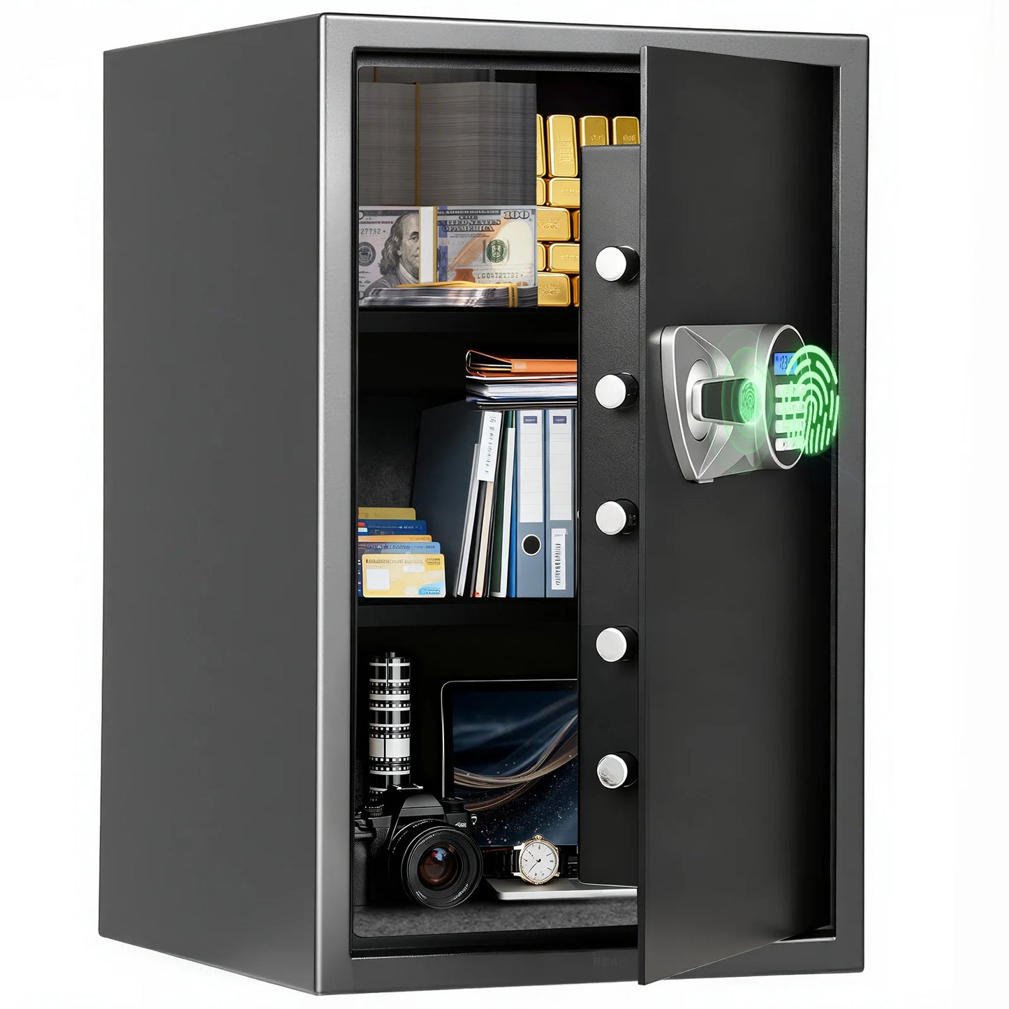 BlackSmith large home safe with fingerprint lock and LCD display, adjustable shelves and wall-mount