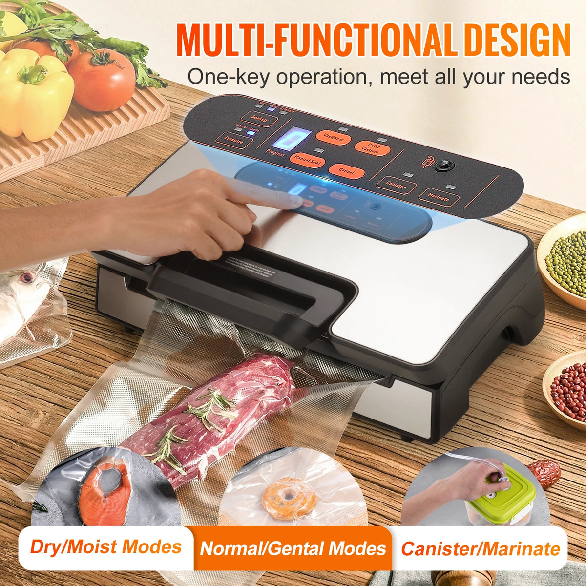 Vacuum sealer machine with blue display and orange controls, sealing food bags on a wooden countertop.
