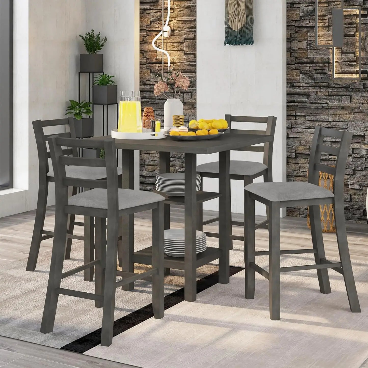 5 Piece Kitchen Dining Table Set with Padded Chairs for 4 Solid Wood Dining Room Table Set with Shelves for Storage, Gray