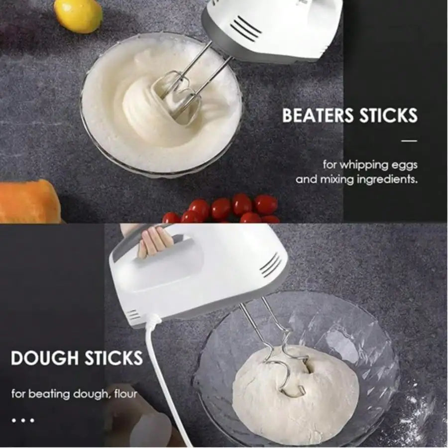 Electric handheld egg beater by S And B Enterprise, white body with metal beaters, 5 speeds for home baking.