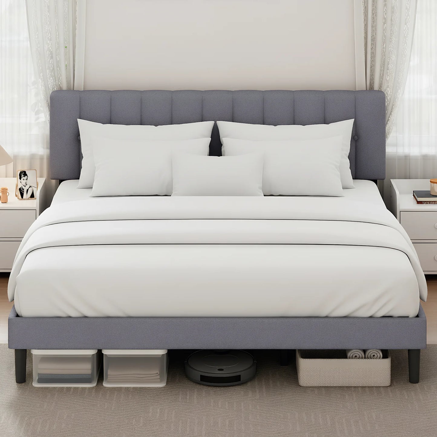 JHK Wooden Upholstered Platform Bed With Adjustable Headboard by S And B Enterprise