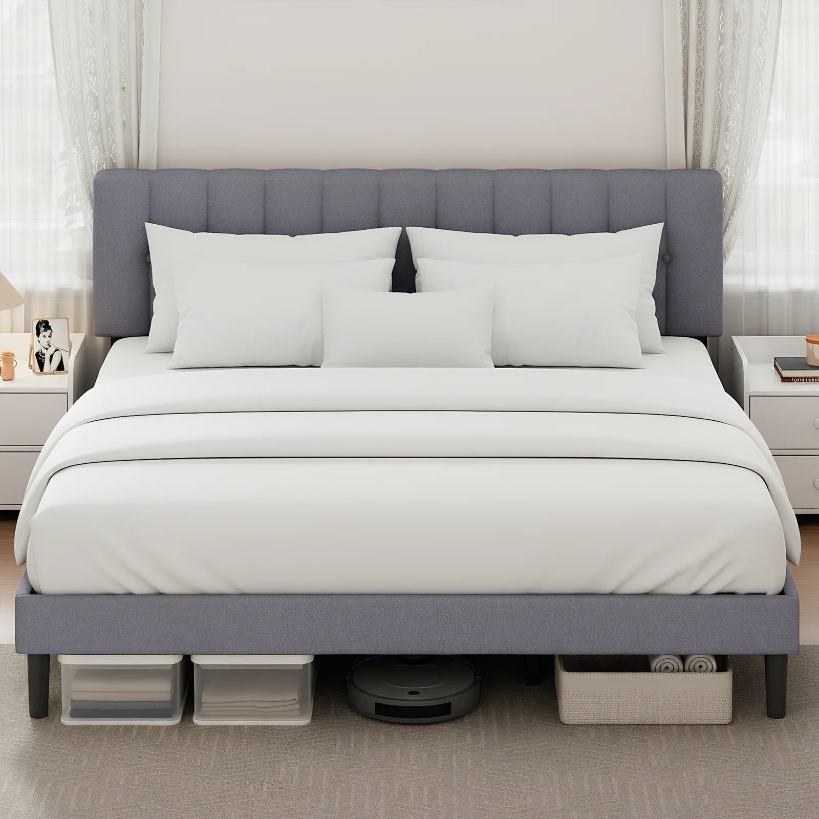 JHK Wooden Upholstered Platform Bed With Adjustable Headboard by S And B Enterprise