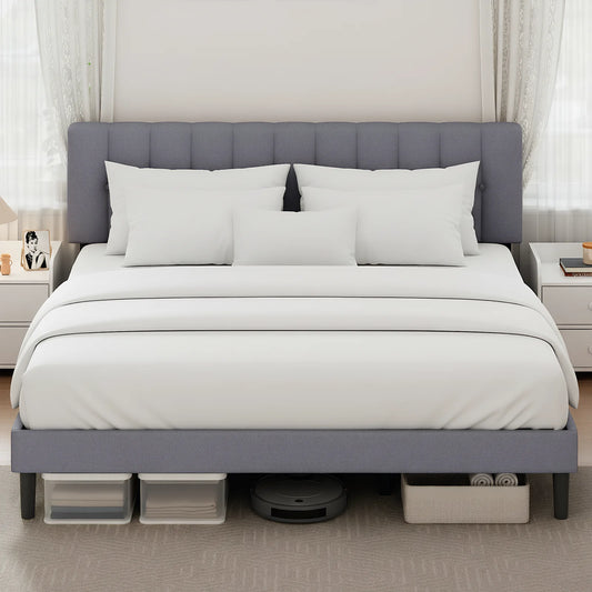 JHK Wooden Upholstered Platform Bed With Adjustable Headboard by S And B Enterprise