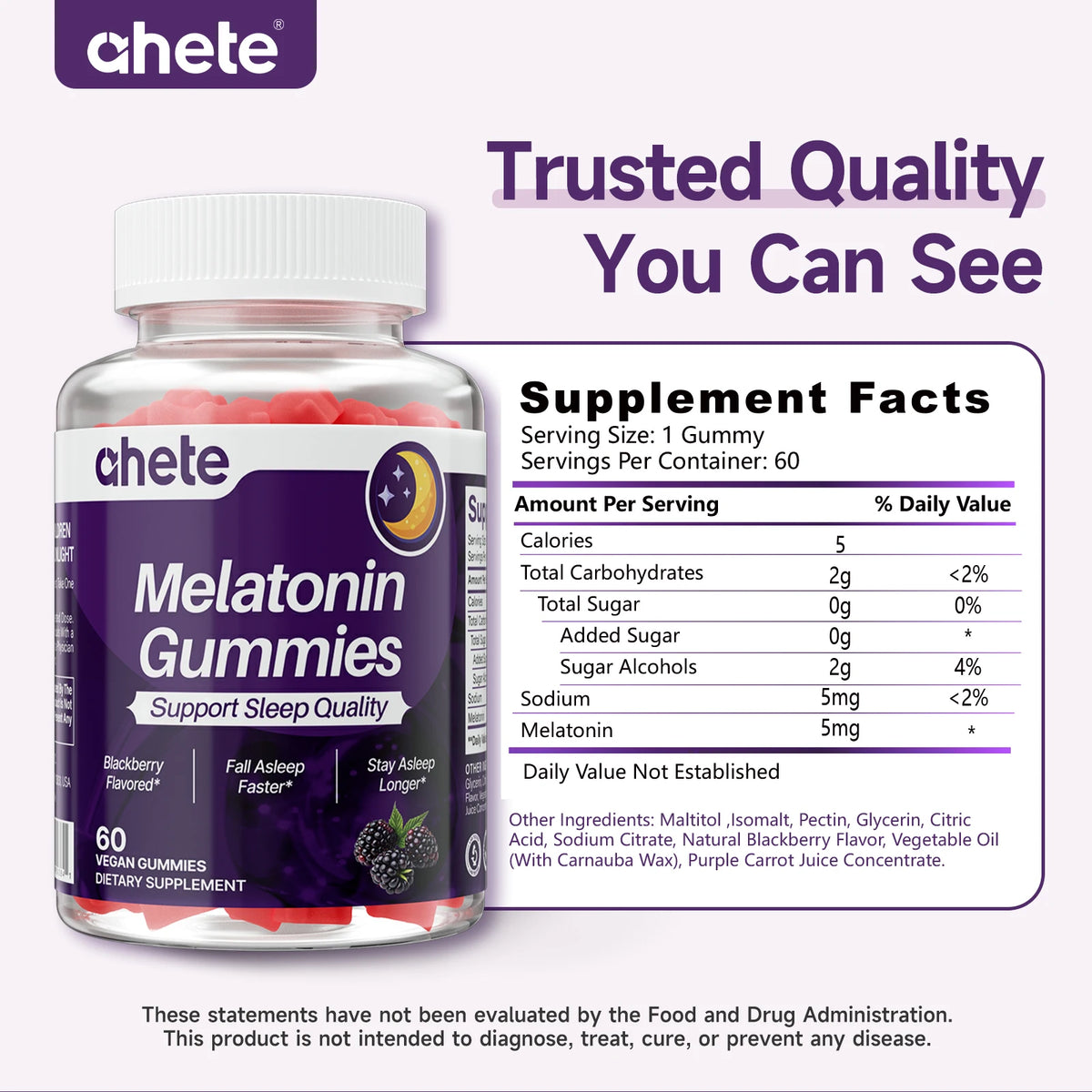 Ahete Melatonin Gummies - Sleep Support Gummies, Relaxation, Berry Flavor Formula, 1 Per Day, Non-Habit Forming,
