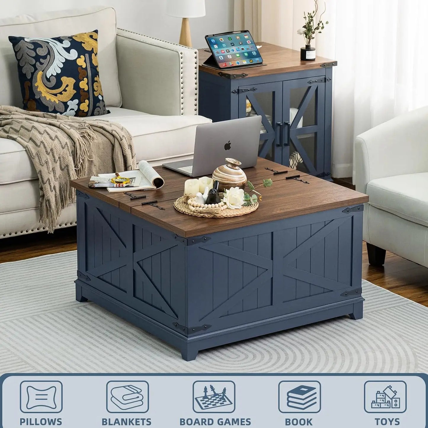 Farmhouse Coffee Table Set of 3 with Glass Barn Door Storage & Hidden Organizer for Living Room & Office, Blue, Custom by S And B Enterprise