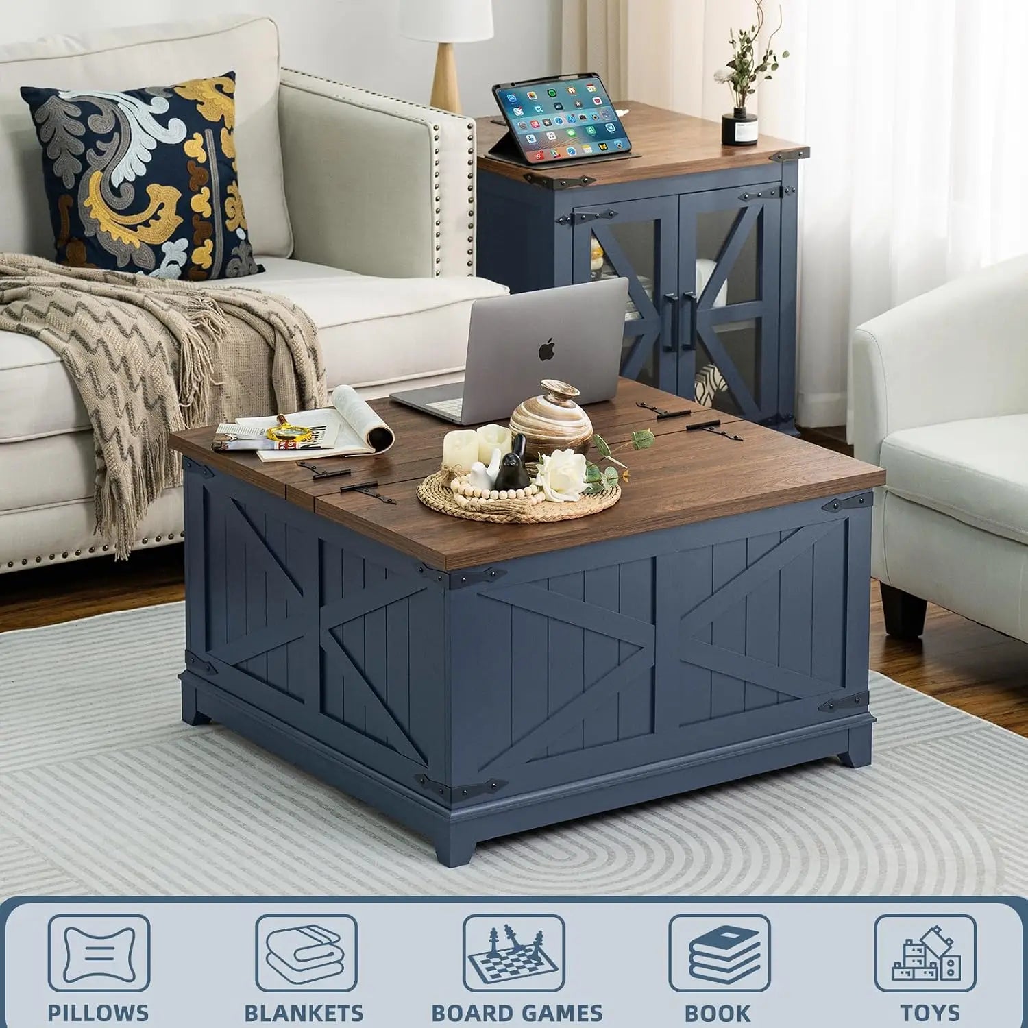 Farmhouse Coffee Table Set of 3 with Glass Barn Door Storage & Hidden Organizer for Living Room & Office, Blue, Custom by S And B Enterprise