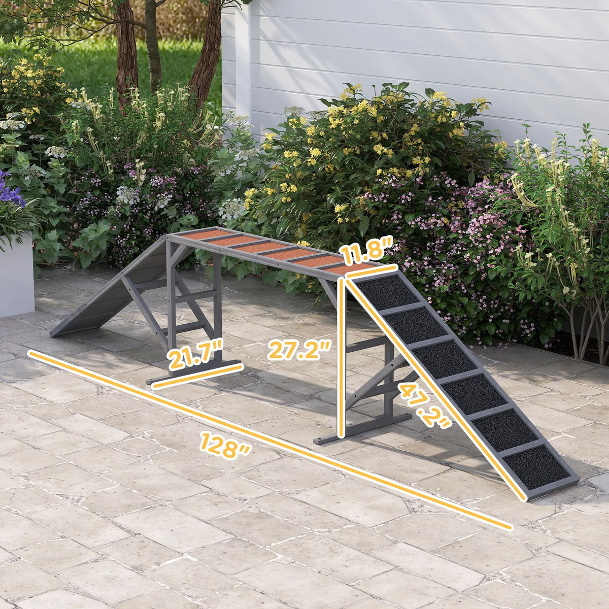 Dog agility ramp set with safety bar, gray, non-slip surface for walk-and-pause training.