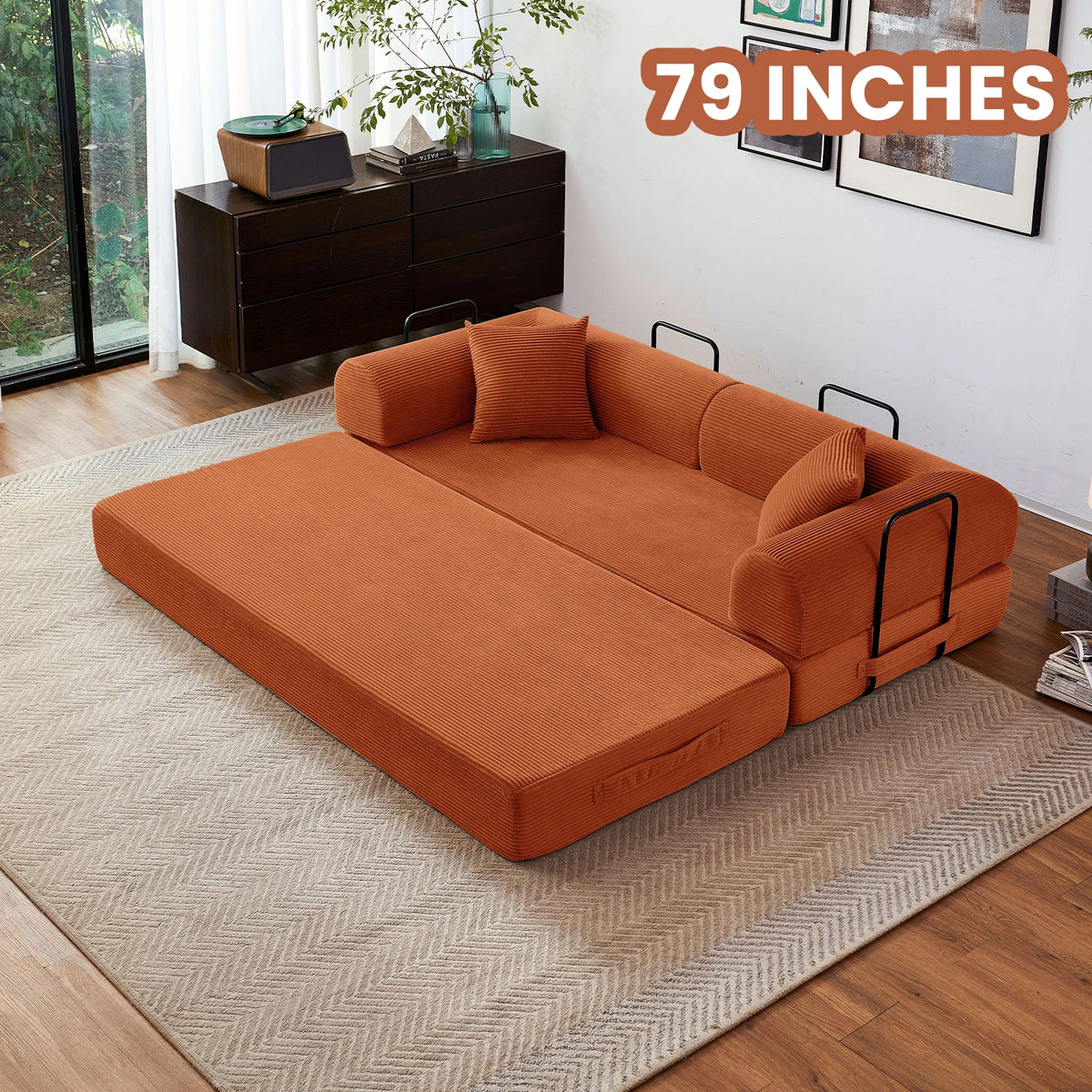 79-inch orange fabric futon sofa bed with L-shaped black metal armrests in living room