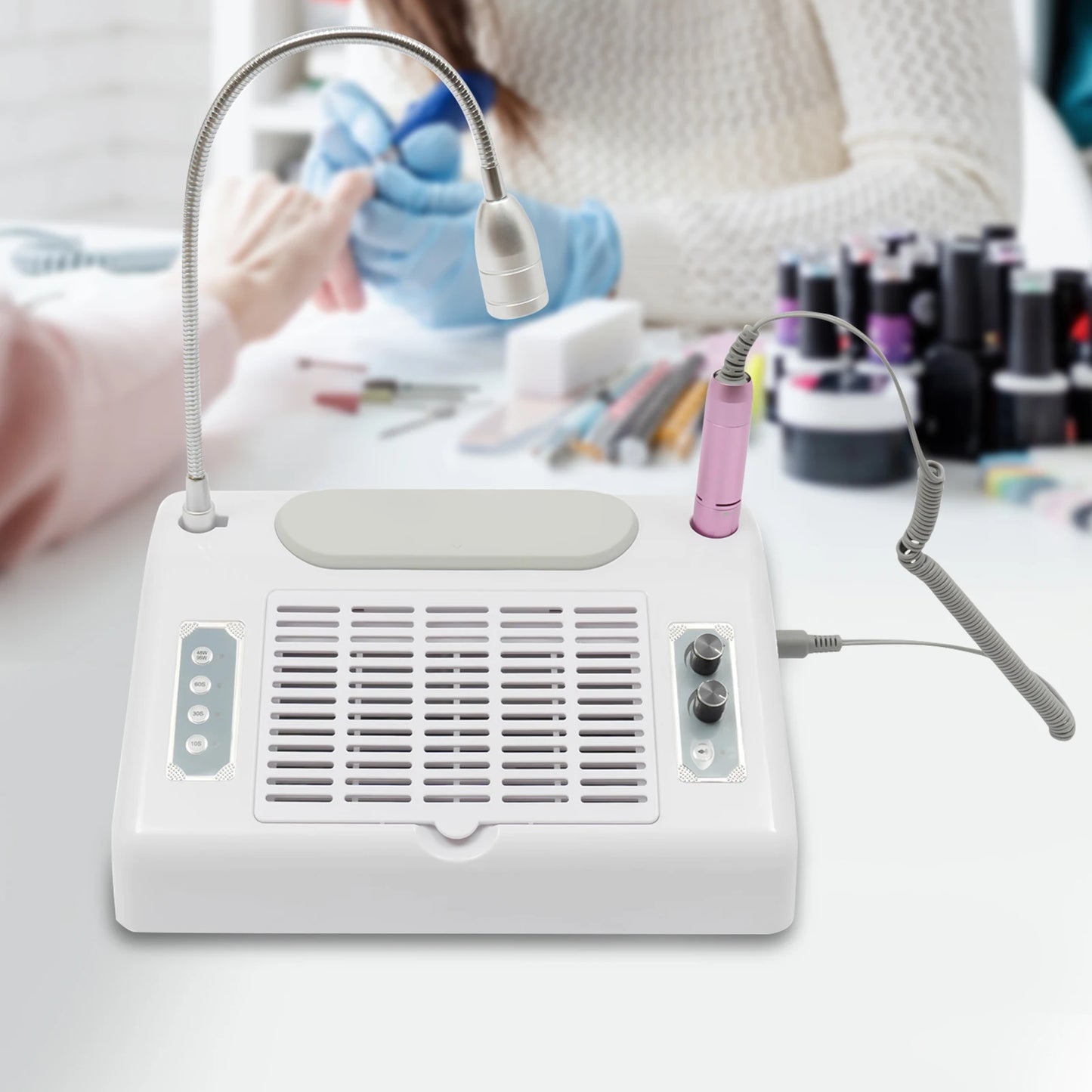 5-in-1 Professional Nail Drill Machine with Vacuum, LED Lamp, Dust Collector & Curing Light for Home Salon Manicure Pedicure