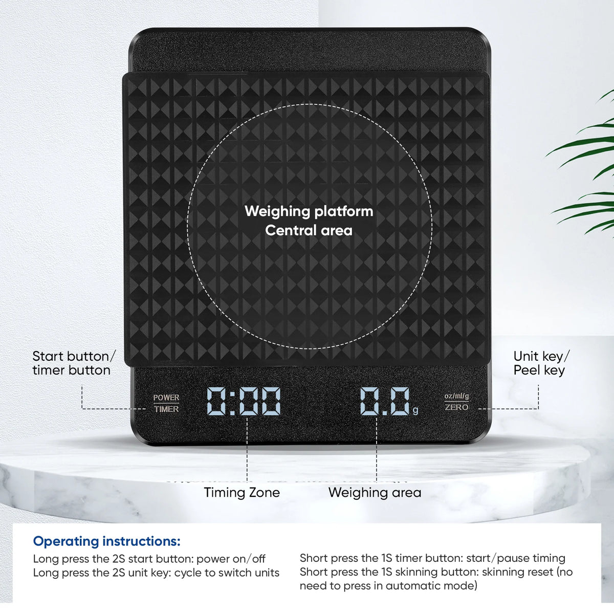 Kitchen coffee scale by S And B Enterprise, black rechargeable digital scale with 0.1g precision and timer.
