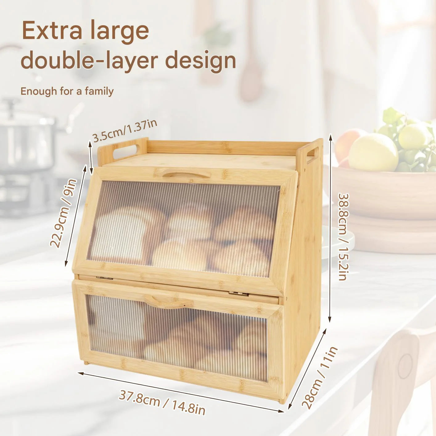Double-layer bamboo bread storage box for farmhouse-style countertops