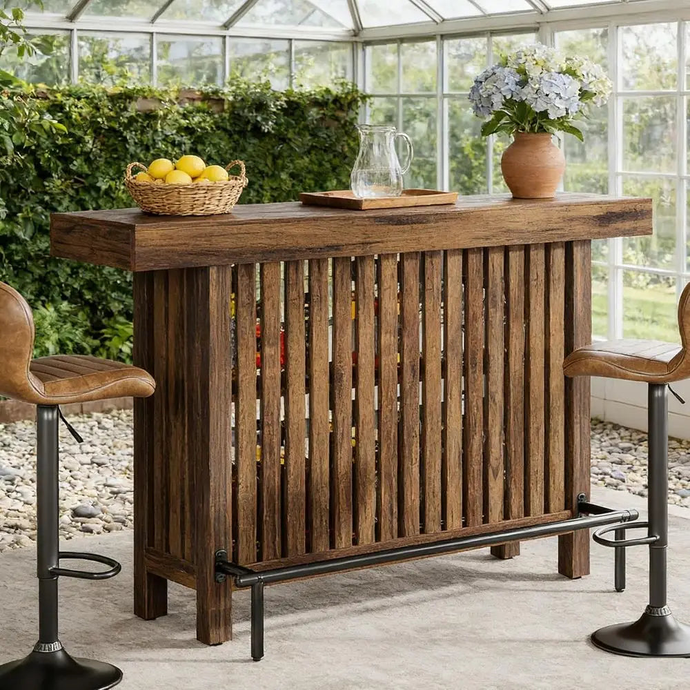 Rustic Home Bar Table With 2-Tier Storage