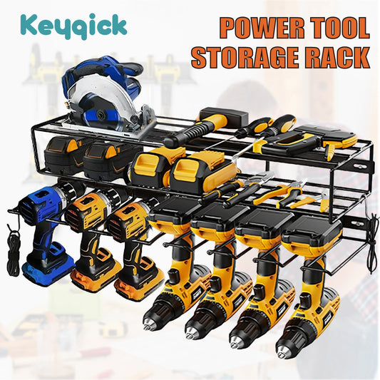 Double-layer wall-mounted power tool storage rack in black metal, holding drills, batteries and yellow cases.