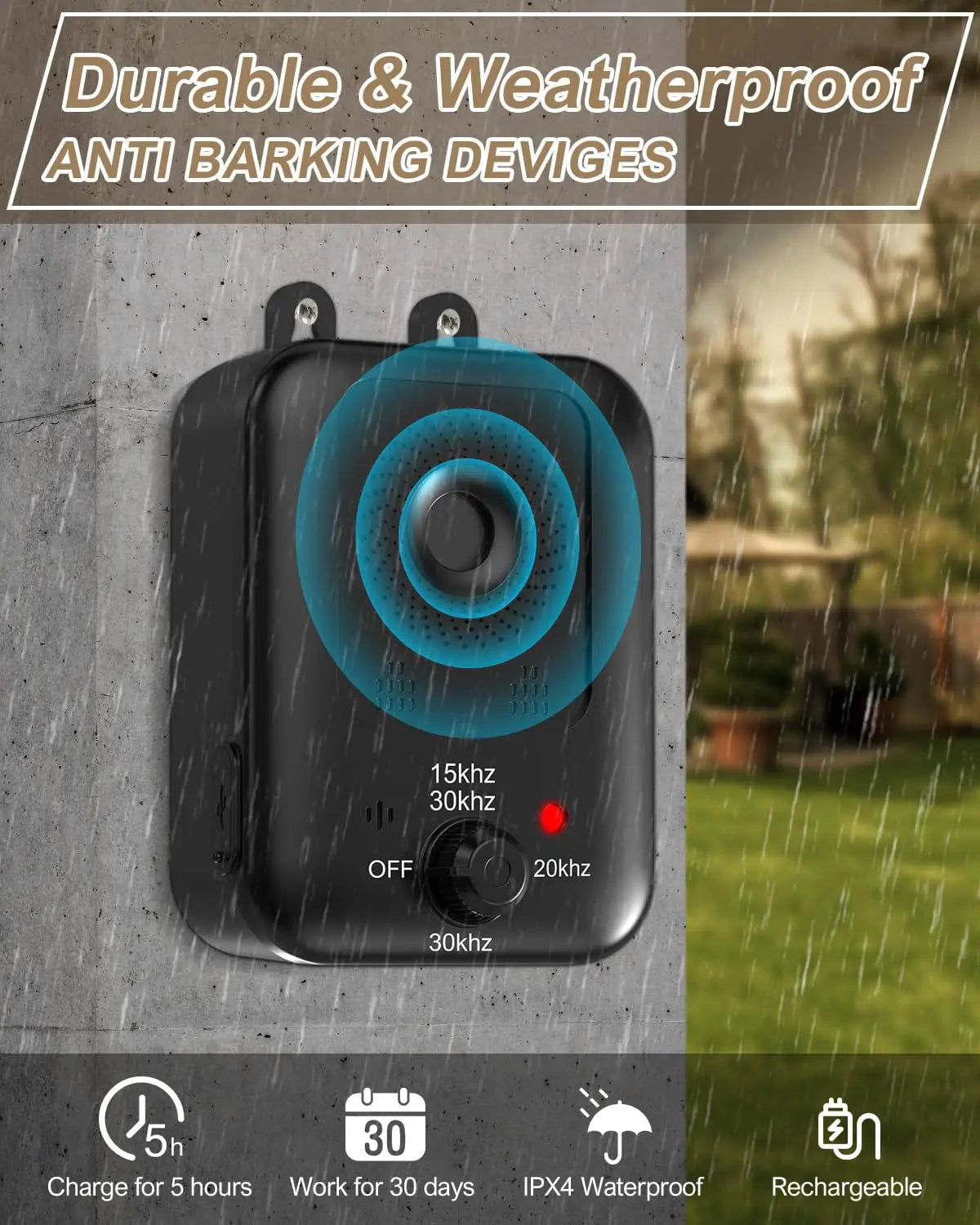 Automatic anti-barking device with blue circular speaker; rechargeable ultrasonic bark deterrent for indoor and outdoor use.