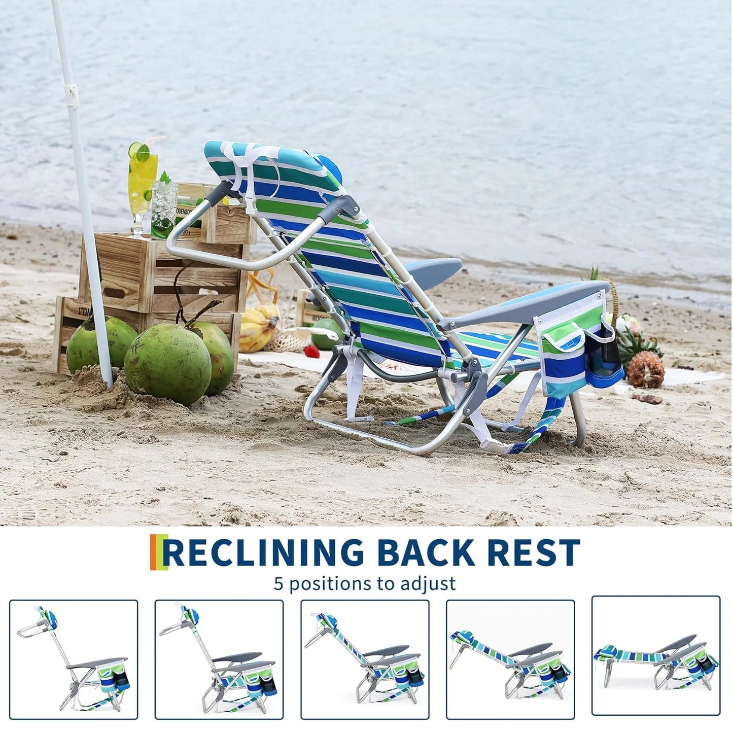 Backpack beach chair for adults by S And B Enterprise; striped blue-green fabric, with cup holder, phone pocket and towel bar