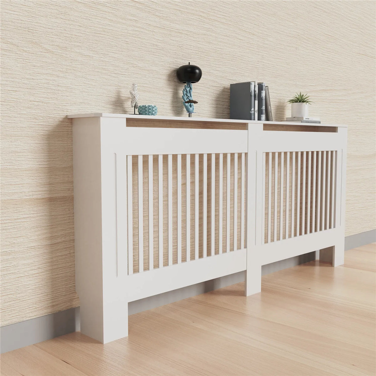 S And B Enterprise white MDF radiator cover cabinet with vertical slat grills, 2-section design