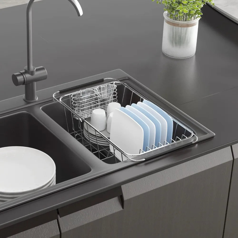 Expandable over-sink dish rack, 304 stainless steel, adjustable 14.25-22.44 in, with utensil holder