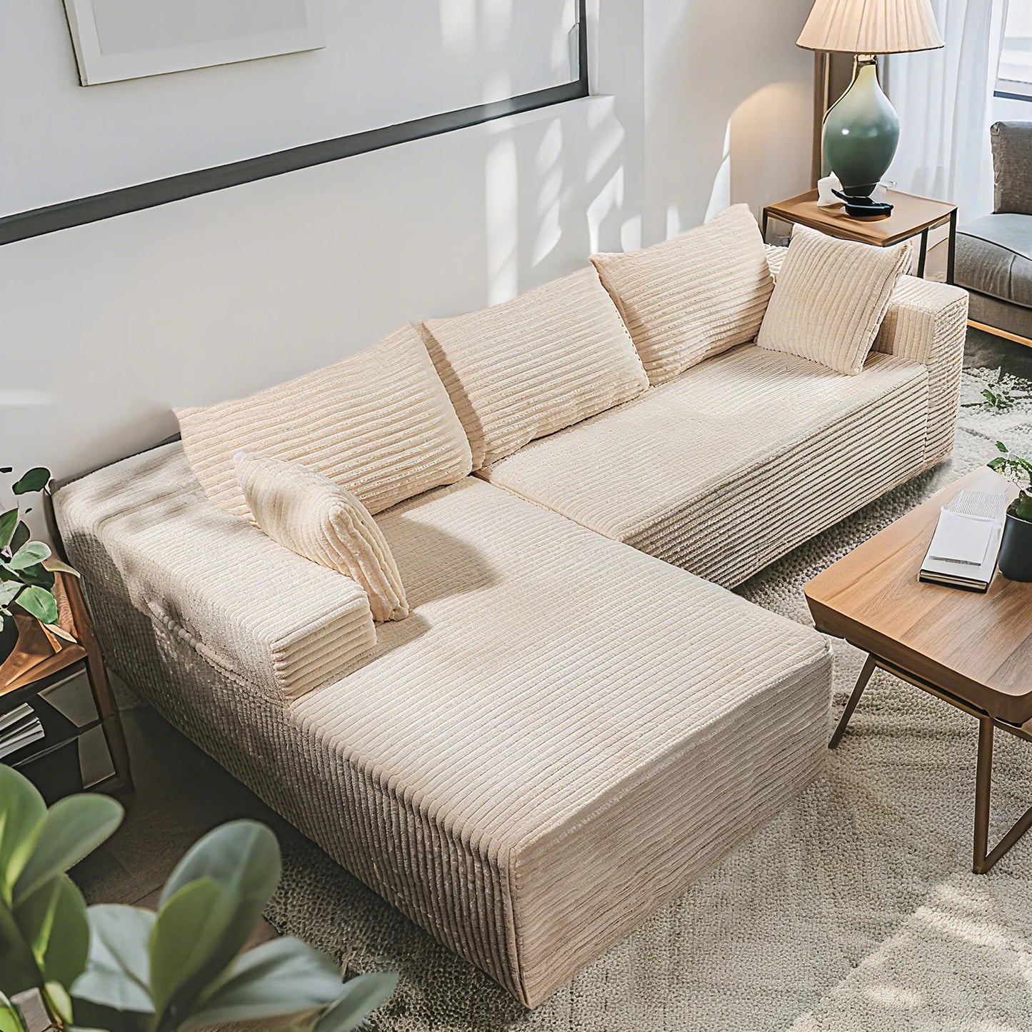 NONECN Cloud-Like Corduroy Sectional Sofa With Chaise And Storage