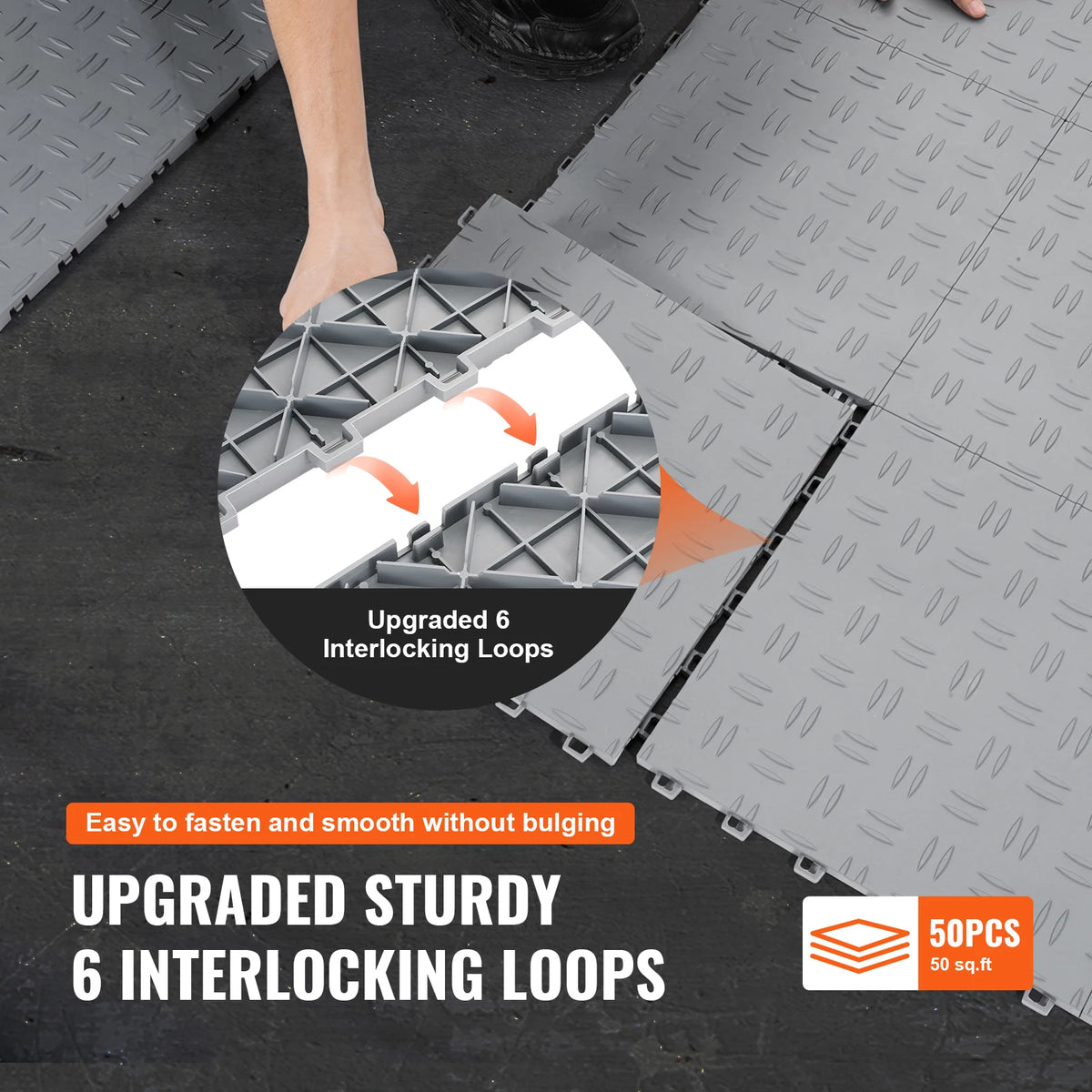 SucceBuy garage floor tiles; gray interlocking diamond-plate texture, non-slip surface; 50-piece set with 6 loops